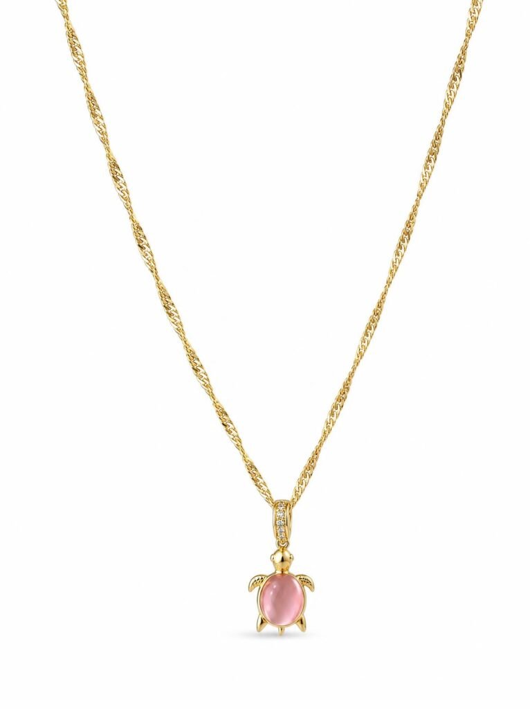 18k Gold Twisted Chain Pink Mother of Pearl Turtle Pendant Necklace